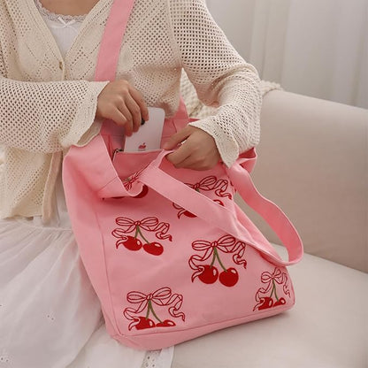 Aesthetic Embroidery Tote Bag for Lady Cute Reusable Canvas Shoulder Bag for Girls Women Shopping Grocery