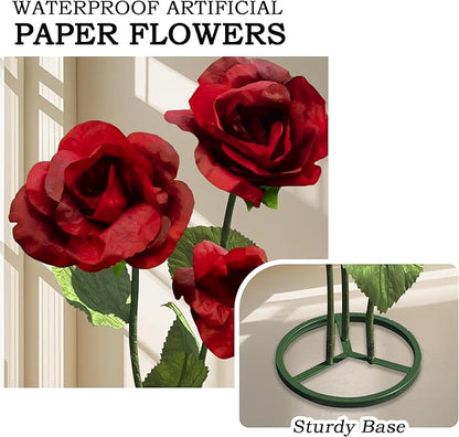 Giant Artificial Flower for Decoration, 3 Pcs Handmade Artificial Rose Flower for Wedding Birthday Easter Party Mother's Day Backdrop Decor Banquet Photography Props Shop Window Display (Red)