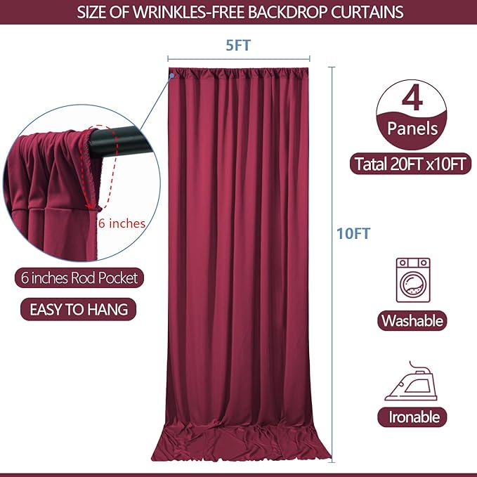 20x10ft Wrinkle Free ‌Burgundy Backdrop Curtain for Parties Soft Fabric Drapes Wedding ‌Curtain Backdrop for Birthday Party Decorations Background for Photography 5x10ft, 4 Panels