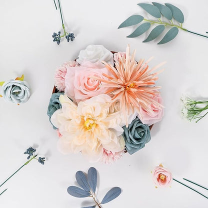 Artificial Flowers Combo Box Dusty Blue Pink Artificial Flowers for DIY Tables Centerpieces Baby Shower Bridal Shower Wedding Bouquet Party Decor