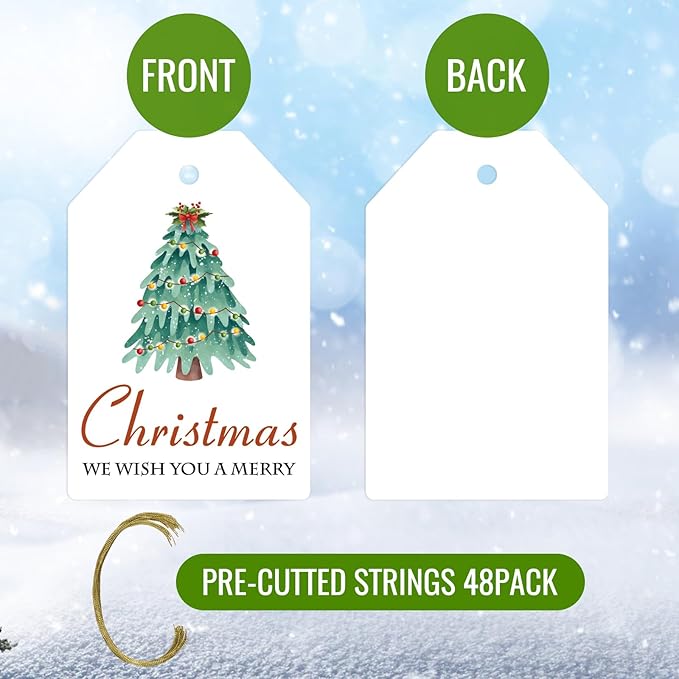 AuroTrends Christmas Gift Tags with String 48Pcs, Name Tags for Christmas Presents -Quality Christmas Tags with Holes& Pre-Cut Strings (8 Styles, 48 Pcs)