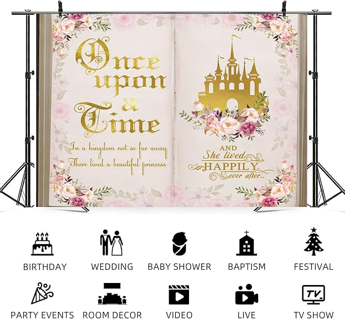 9x6ft Once Upon a Time Backdrop Pink Flower Gold Castle Photography Background Fairy Tale Books Floral Princess Girls Birthday Banner Decorations Fairytale Wedding Portrait Photo Booth Prop