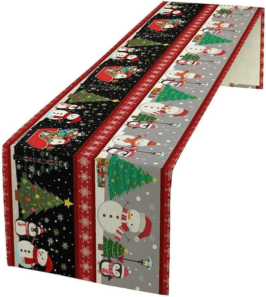 Christmas Table Runner,Cartoon Snowman Tree Xmas Deer Elk Santa Claus Print Tablecloth Burlap for Hotel Indoors Outdoor Dining Room Kitchen Home Decor,W13X L36 in