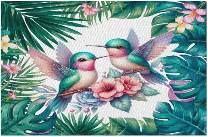 PVC Placemats Set of 6 Summer Palm Leaf Bird Wipeable Table Mats Washable Heat Resistant Non Slip Vinyl Dining Table Mat for Kithen Indoor Outdoor Patio Farmhouse Place Mats Decorative