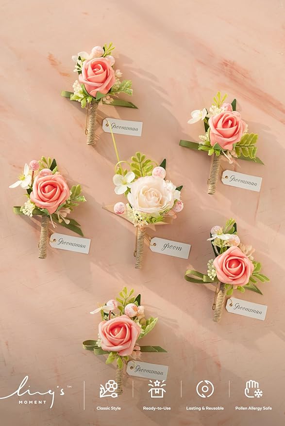 Ling's moment Boutonniere for Men, 6pcs Groom Groomsmen Boutonniere, Artificial Flowers for Wedding Decor/Prom/Homecoming, etc.Blush Pink Coral