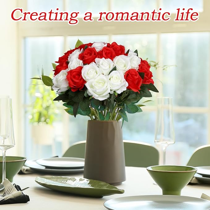 30pcs Fake Roses Artificial Silk Flowers Long Stems Bouquet for Wedding Bridal Shower Party Home Decoration (White + Red)