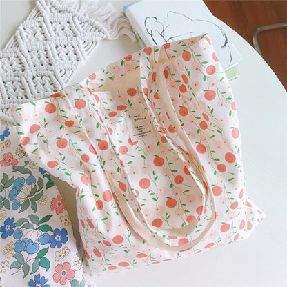 Cotton Canvas Tote Bag Reusable Soft Grocery Cloth Bag Floral Shoulder Bag for Beach Travel Shopping