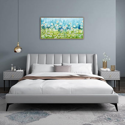 Framed Wall Art Wildflowers Canvas Pictures Living Room Wall Decor Abstract White Daisy Floral Prints Spring Landscape Painting Green Grass Artwork for Bedroom Kitchen Home Office Decor 20"x40"