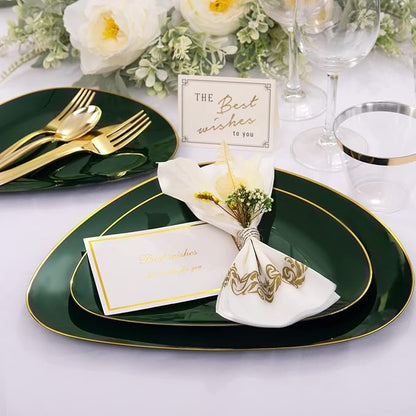 DaYammi 180Pcs Green Plastic Plates, Green Gold Disposable Plates with Gold Silverware Dinnerware Set Include: 30 Dinner Plate,30 Dessert Plate,90 Plastic Cutlery,30 Cups for Christmas Party Holiday