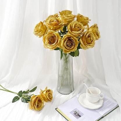 Waipfaru 16 Pcs Fake Gold Roses Artificial Flowers with Long Stems, Rose Bouquet Silk Faux Flowers for Valentines Wedding Party Vase Centerpiece Home Decor (Gold)