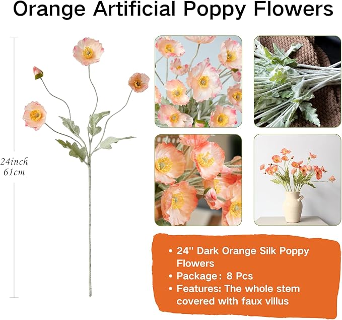 ASTRYAS Artificial Flowers 8 Stems Poppy Silk Bouquet,Fake Pooppies Flowers for Wedding, Home, Party Decoration,Table Centerpiece Arrangement(Coral Pink, 8pcs)