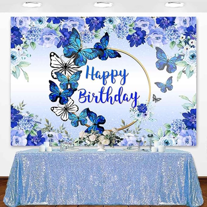 Butterfly Happy Birthday Backdrop Royal Blue Floral Photography Background Women Blue Flowers Birthday Wishes Party Decorations Banner Supplies Photo Booth 7x5ft