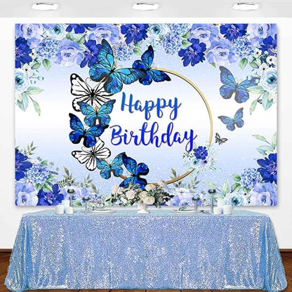Butterfly Happy Birthday Backdrop Royal Blue Floral Photography Background Women Blue Flowers Birthday Wishes Party Decorations Banner Supplies Photo Booth 7x5ft