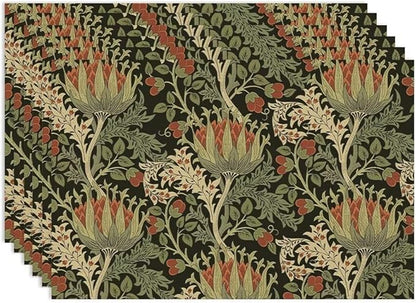 Vintage Boho Florals Placemats Set of 6, William Morris Retro Botanical Plant Foliage Place Mats, Heat Resistant Non Slip Cotton Linen Dining Table Mats for Home Kitchen Party 18x12 Inch