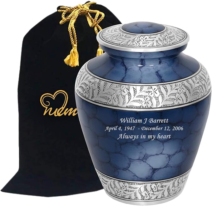 MEMORIALS 4U Custom Engraved Cremation Urn - Handcrafted Urn for Human Ashes - Affordable Urn for Ashes with Velvet Bag (Elite Cloud Blue)