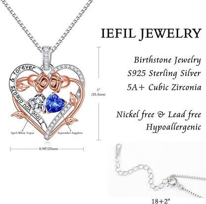 Iefil Rose Heart Double Birthstone Necklace Gifts for Wife Her Mom Women, Birthstone Jewelry Gemstone Birthday Gifts for Girlfriend Grandma Her Wife Women