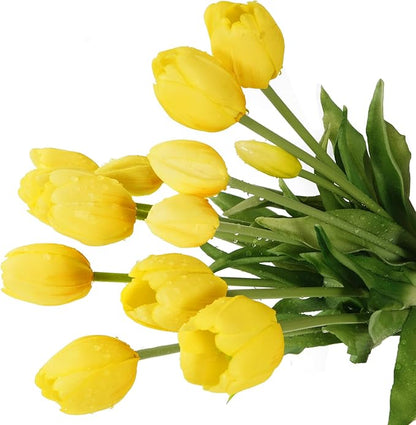 15Pcs Fake Tulips Artificial Flowers Real Touch Latex Bouquet Faux Tulips for Centerpiece Arrangements Wedding Party Home Décor (Yellow)