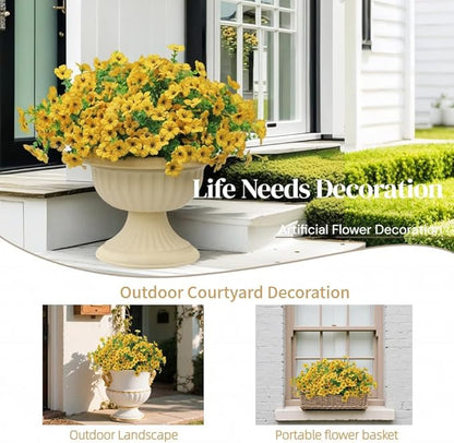 12 Bundles Artificial Flowers for Outdoor, UV Resistant Faux Mums with Eucalyptus Leaves Fake Plants for Outdoor Planters Greenery Boxwood Porch Patio Decoration