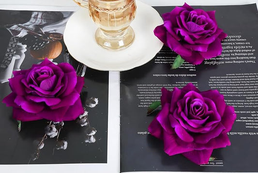 Artificial Roses Purple Silk Flowers 4.3" Purple Velvet Roses Artificial Flowers 16PCS Real Lookong Faux Flowers with Stems for DIY Wedding Party Baby Shower Home Decoration(Purple)