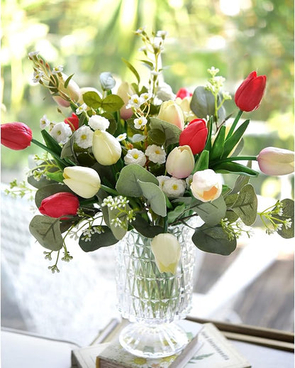 FiveSeasonStuff Real Touch Tulips Artificial Flowers – 15 Stems Faux Tulip Bouquet in Gift Box for Wedding, Home Decor, Party, Floral Arrangements (Charming Lady)