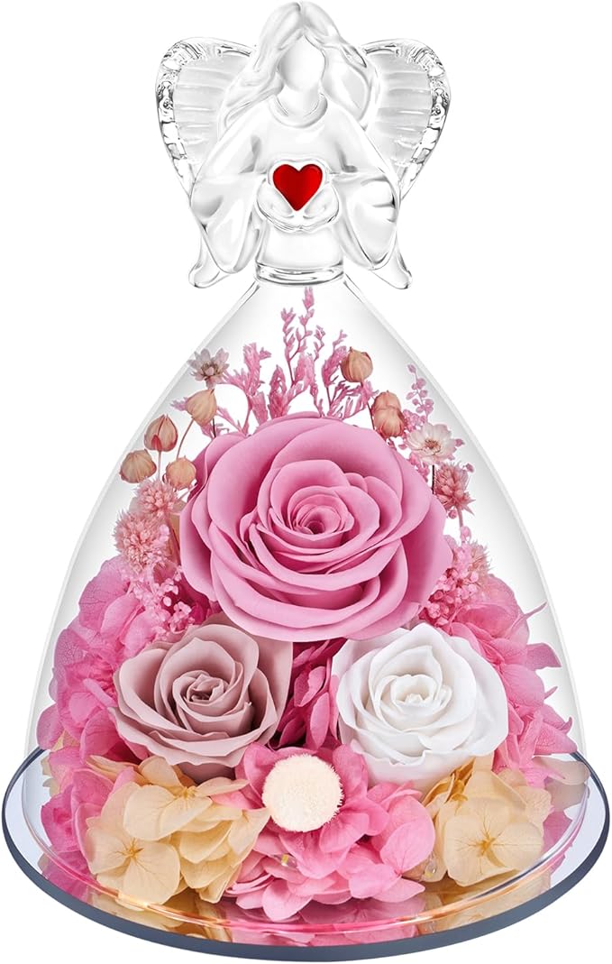 Preserved Flowers in Glass Angel Figurine with LED Light,Forever Real Roses Prime Eternal Flower Birthday Glitter Decorations for Her Women Mom Grandma Sister (Pink)