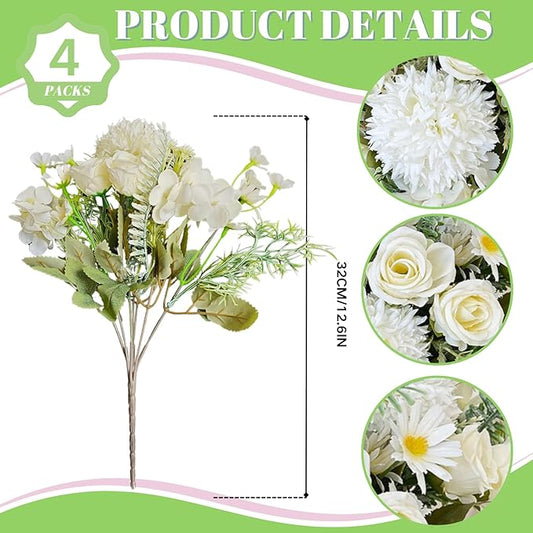 ASTRYAS White Artificial Flowers, 4Pcs Fake Rose Silk Chrysanthemum Ball Hydrangea Daisy for Decoration Faux Floral Arrangements for Wedding Party Home Decor Indoor(White)