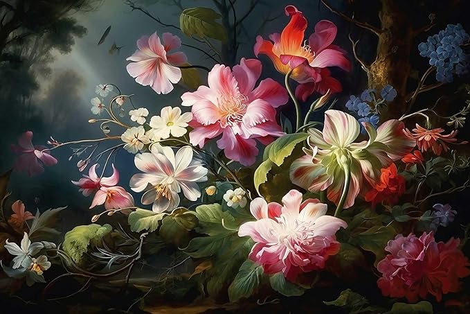 Colorful Floral Wallpaper Illuminated by Hazy Moonlight, Natural Landscape Flower Mural, Decorative Background Wall Mural（Non-self-Adhesive）