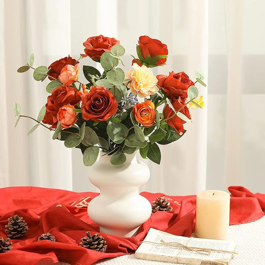 Veryhome 10pcs Artificial Rose Flower Bouquet Faux Rose with Stems for Wedding Arrangement, Bridal Bouquet, Centerpiece, Fake Faux Silk Flowers (Burnt Orange)