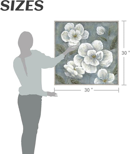 Floral Framed Canvas Wall Art - Vintage Blooming Gray Flowers Painting Abstract White Botanical Picture Modern Prints Artwork for Living Room