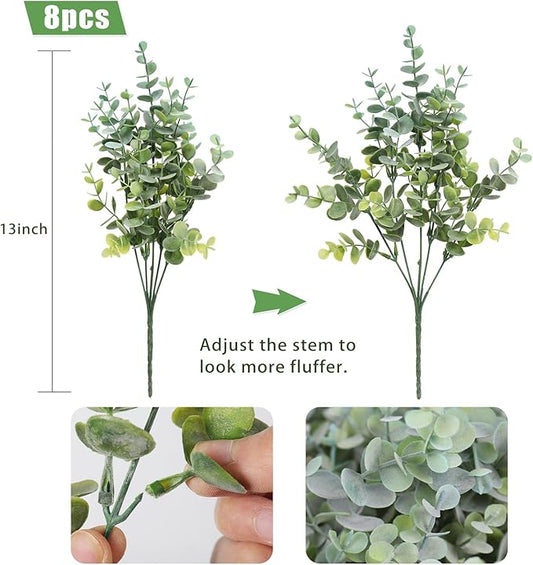 RECUTMS 8 Bundles Artificial Greenery Plants Stems Outdoor Fake Eucalyptus Plants Boxwood Bushes for Farmhouse Bathroom Office Vase Centerpiece Indoor Outdoor Decoration(Dusty Blue)