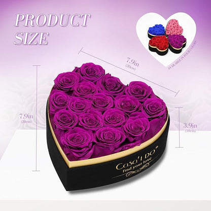 Preserved Roses Flowers for Delivery 16 Pcs, Forever Flores in Heart Box with Necklace, Eternal Rose Anniversary Birthday Gift for Women Wife Girlfriend, Rosas for Valentines Christmas, Purple
