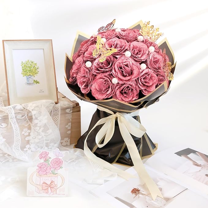 Glitter Roses Bouquet, Shiny Artificial Roses Flowers with Stems DIY Fake Glitter Flowers Bouquet for Valentine's Day, Mother's Day, Anniversary, Graduation, Birthday, Wedding, 24 Roses (Rose Gold)