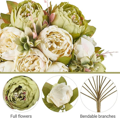 Mkono Peonies Artificial Flowers, 2 Packs 13 Stems Faux Peony Flowers Real Touch Fake Silk Bouquet for Arrangements Dining Table Centerpieces for Kitchen Bridal Wedding Party (2, New Green)