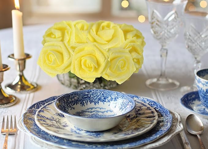 Yellow Glitter Roses 30 PCS Foam Flowers Glitter Roses with Stem Artificial Flowers for DIY Wedding Bridal Bouquet Party Centerpieces Decor(Yellow)