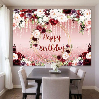 Sensfun Floral Happy Birthday Backdrop Burgundy Flowers Rose Gold Glitter Bokeh Spots Photo Background Vinyl Women Birthday Party Cake Table Decorations Photoshoot Banner (10x6.5ft)