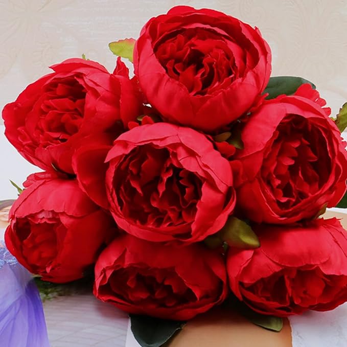FagusHome 25 Pcs Silk Peony Artificial Flower Heads 4 inch Fake Peony Flowers Heads with Stems Artificial Peony Flower Heads in Bulk Wholesale for Wedding Home Decor (Red)