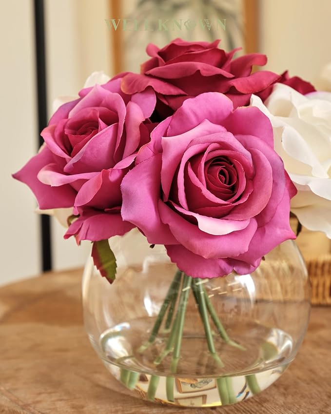 WELL KNOWN Artificial Flowers with Vase, Artificial Rose Flower Arrangements, Silk White & Pink Roses Bouquet in Glass Vase with Fake Water for Home Office Hotel Wedding Party Dinning Table Decor Gift