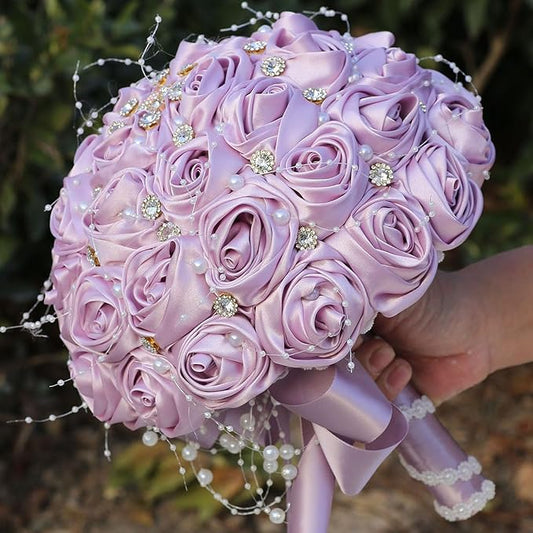 Bridal Wedding Bouquet Round Bling Brooch Bouquet Throw Toss Artificial Rose Flower Bunch for Bride Bridesmaid Wedding Quinceanera(Light Taro Purple, 8.7")