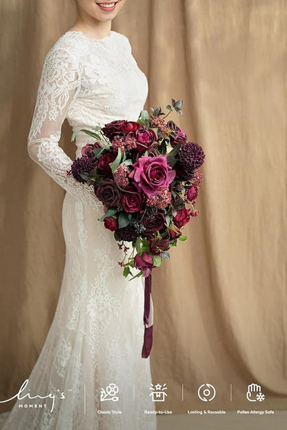 Ling's moment Red Bridal Bouquet Cascading, Burgundy Wedding Bouquets for Bride, 13 Inch Bride Bouquets for Wedding Artificial Flowers Bouquets