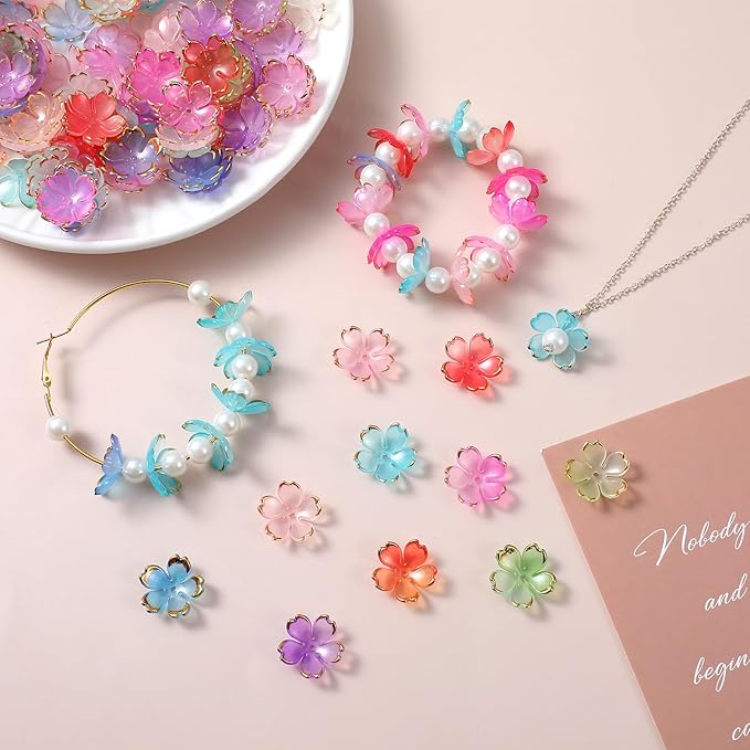 100 Pcs Flower Beads, 5-Petal Acrylic Spacer Beads Mini Golden Edge Floral Shaped Bead for Making DIY Craft, Jewelry Charms, Bracelets, Necklaces, Earrings (Colorful Gradient)