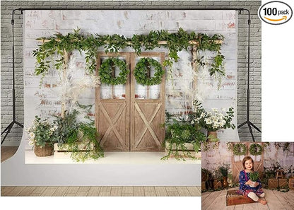 Kate Rustic White Painted Brick Wall Wood Door Photography Backdrops 10x6.5ft Spring Green Grass and Flowers Photo Backgrounds Baby Shower Backdrop Photoshoot Props