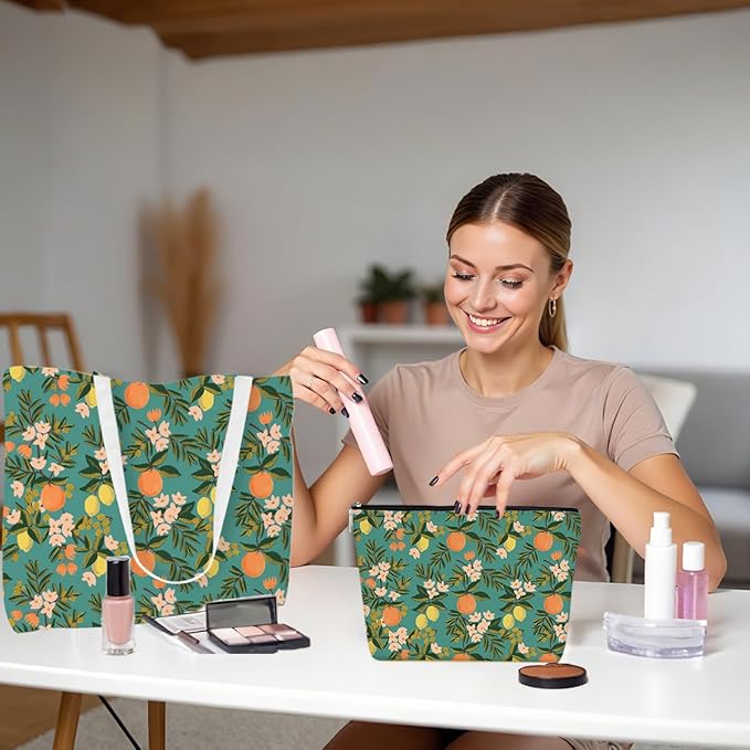 Aesthetic Floral Tote Bag Makeup Bag Flower Decor Gifts for Girls Christmas Shopping Grocery Bags Cosmetic Bags