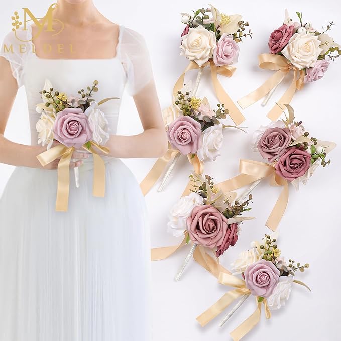 Meldel Set of 6 Wedding Flowers Fake Rose Mini Bridesmaid Bride Bouquets Dusty Pink Ivory Small Floral Wedding Centerpieces Decor Artificial Flower Arrangements for Tables Home Party Decorations