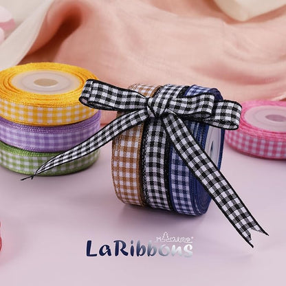 LaRibbons 10 Color 100 Yards Gingham Ribbon Variety Pack, 3/8" X 10 Yards/Roll Assorted Spring Easter Plaid Ribbon for Crafts, Gift Wrapping, Hair Bows, Birthday, Babyshower Decoration