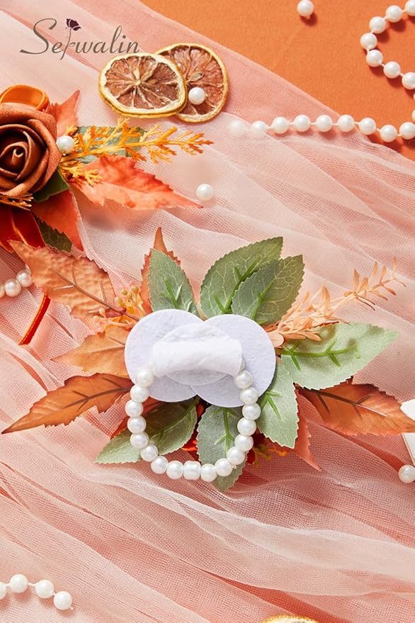Serwalin 𝗦𝗲𝘁 𝗼𝗳 𝟮 Wrist Corsage for Wedding, 𝟲-𝟳 𝗜𝗻𝗰𝗵 Corsages for Bridesmaid Mother Grandmother, Artificial Flowers for Prom Ceremony Anniversary Cake Topper (Orange)