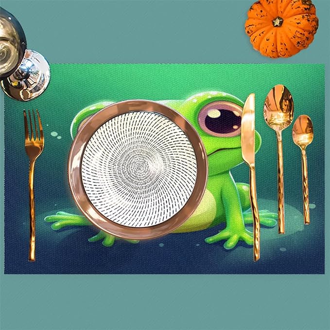 Frog Animal Green Placemats Set of 4 PVC Vinyl Non Slip Table Mats Waterproof Heat Resistant Place Mats Washable Wipeable Dining Table Mat for Kitchen Party Farmhouse Indoor Outdoor Decorative
