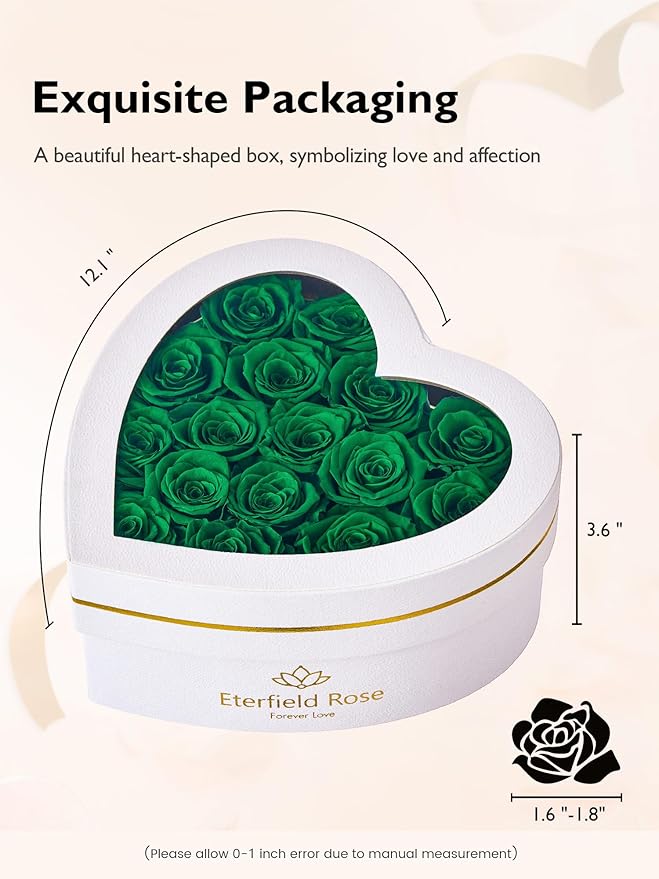 Eterfield Forever Flowers in Heart Shape Box, Preserved Roses That Last a Year Preserved Flowers Birthday Gifts for Her Mom Women Wife Anniversary Valentines Day Mothers Day (16 Roses, Blackish Green)