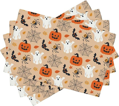 Placemats 4 pcs Halloween Double-Layer Imitation Linen Place Mats Non-Slip Heat-Resistant Tablemats for Home Restaurant Hotel 18×12 Inch