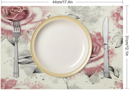 Rose Placemats Set of 6, 17x12 Inch Vintage Romantic Floral Pink Rose Gray Leaf White Table Mats for Home Party Kitchen Dining Decor