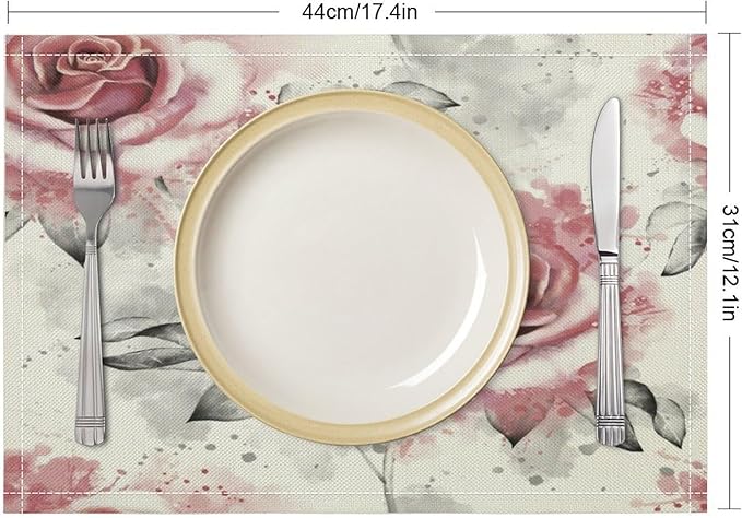 Rose Placemats Set of 8, 17x12 Inch Vintage Romantic Floral Pink Rose Gray Leaf White Table Mats for Home Party Kitchen Dining Decor